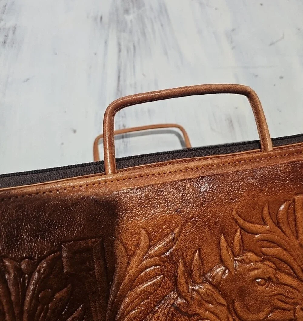Hand-Tooled Brown Leather Clutch Wallet Made In Mexico